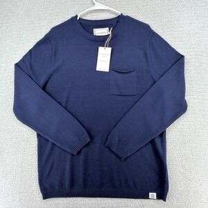 Long Wharf Sweater Mens Medium Newport Seawell Pocket Crew Navy Blue Rolled Knit
